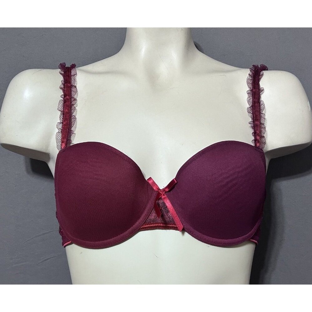 Chantelle Bra 34D Burgundy Ruffled Straps Embroidered Band Underwired